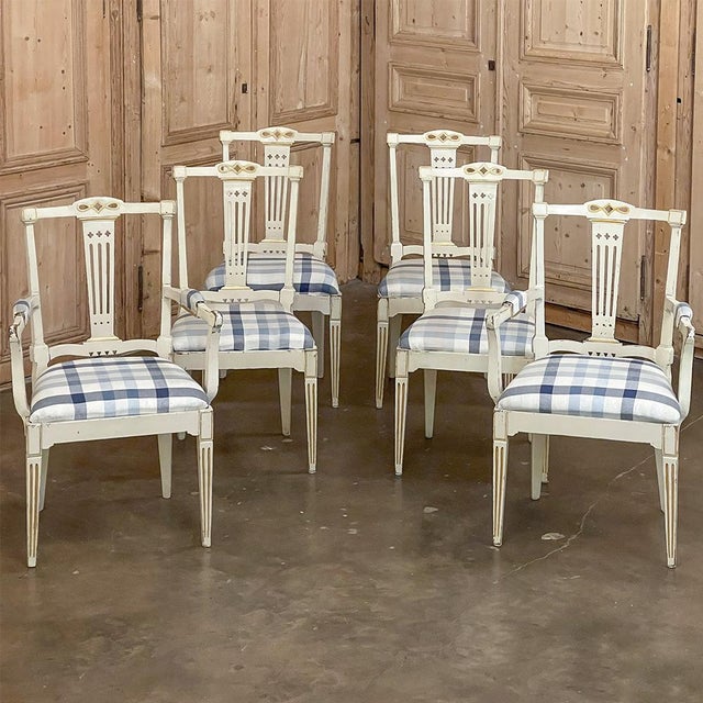 Neoclassical Set of 6 Antique Swedish Gustavian Painted Dining Chairs Includes 2 Armchairs For Sale - Image 3 of 18