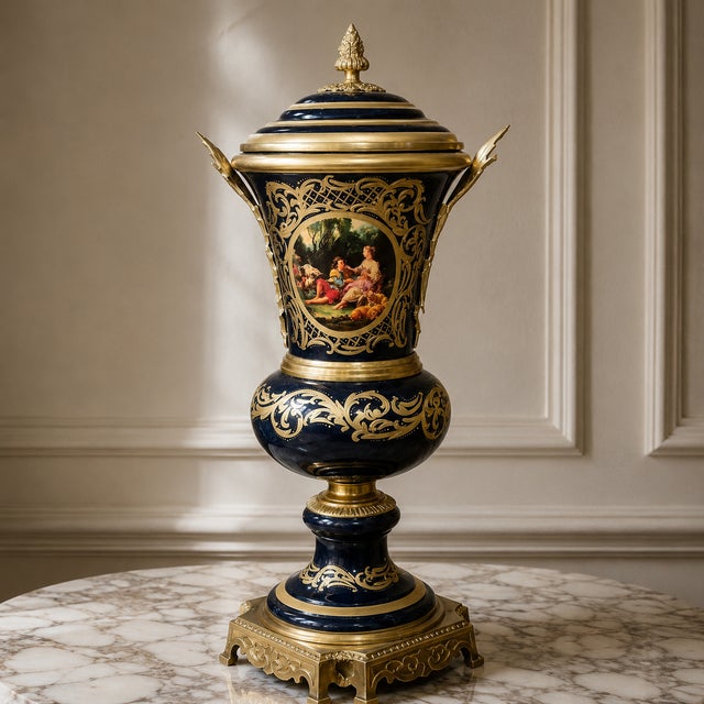 Elevate an elegant interior with this unique French-style decorative porcelain urn, featuring a striking deep navy blue...
