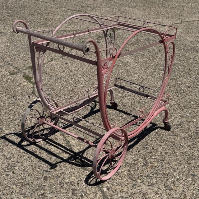 Antique Salterini Mt Vernon Wrought Iron Art Nouveau Pink Serving Bar Tea Cart For Sale - Image 14 of 16