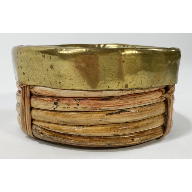 Mid-Century Modern Vintage G. Crespi Style Coiled Rattan Brass Rim Wine Coaster For Sale - Image 3 of 7