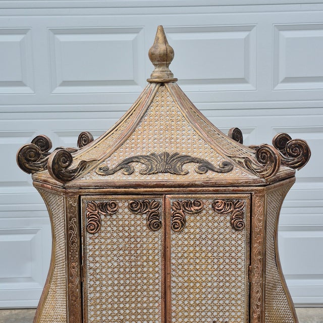 Late 20th Century Unusual 20th Century Chinoiserie Pagoda Top Bombe Form Cane 2-Door Storage Cabinet For Sale - Image 5 of 12