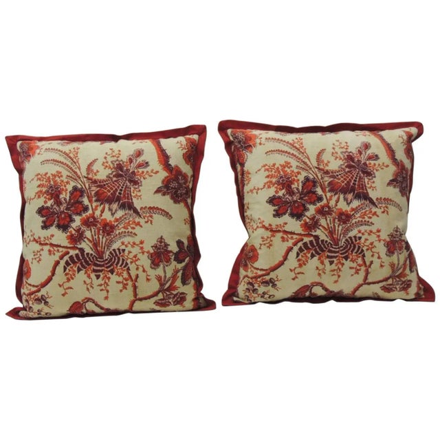 Textile Vintage French Scarlet Red and Orange Printed Linen Decorative Pillows - A Pair For Sale - Image 7 of 7