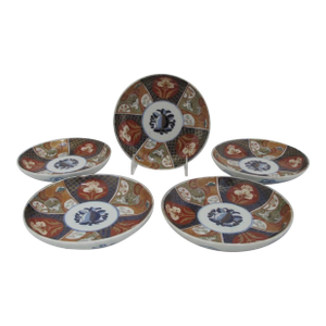 Japanese Imari Porcelain Peach Medallion Heron Flower Plate or Shallow Bowl Set