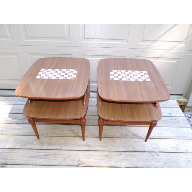 Vintage Pair Reiss Mid Century Modern 2 Tier Tile Top Walnut Side Tables For Sale - Image 10 of 17