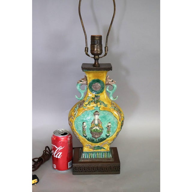 Vintage Chinese Famille Jaune Porcelain Guanyin Table Lamp With Dragon Handles, C. 1900 For Sale - Image 4 of 16