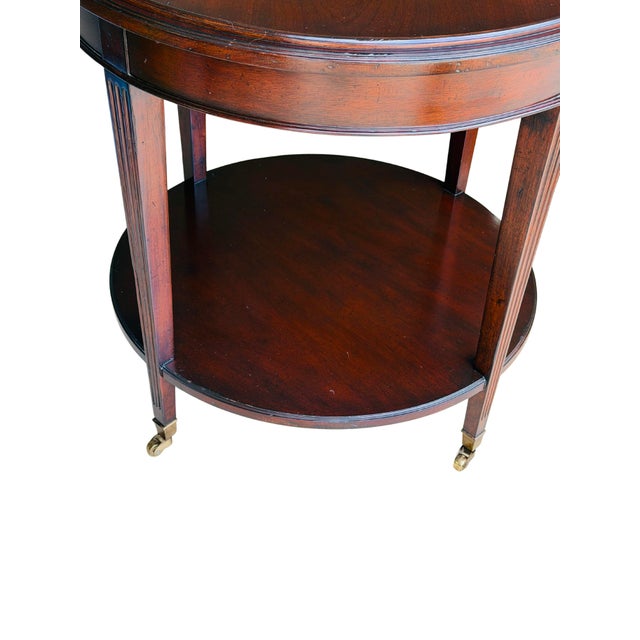 Vintage Mahogany Two-Tier Side Table | Bookmatched Starburst Top | Fluted Legs | Brass Caster Feet For Sale - Image 10 of 11