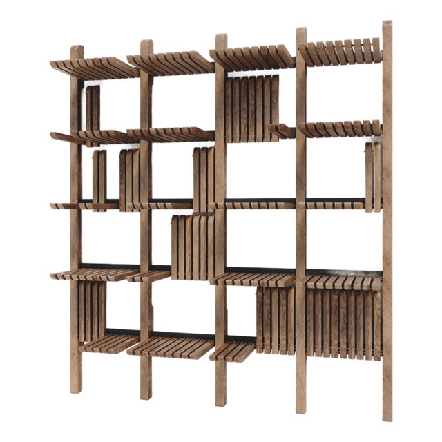 Modern Shelving System Handcrafted Honey Stained Wood on the Steel Frame Modular Shelves 2000 Mm For Sale