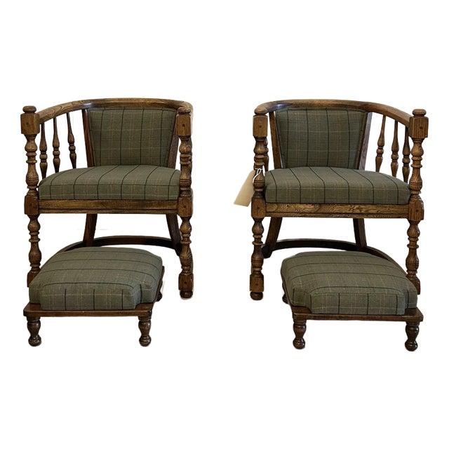 1970s Captain Style Chairs With Matching Footstools, Newly Reupholstered - 4 Pieces For Sale