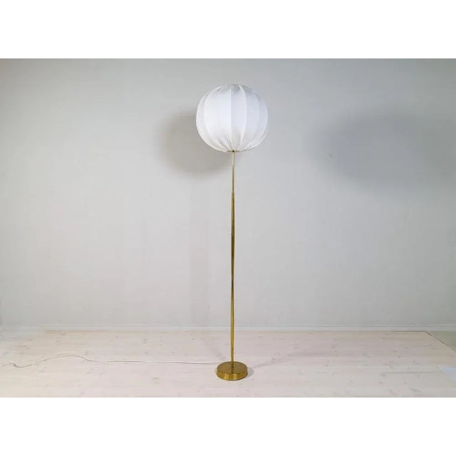 Mid-Century Brass Floor Lamp with Round Cotton Shade from Asea, Sweden, 1960s For Sale - Image 3 of 16