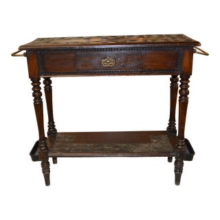 1910s Antique Jacobean Dark English Oak Console Table with Drawer & Brass Iron Umbrella Holders Ends For Sale