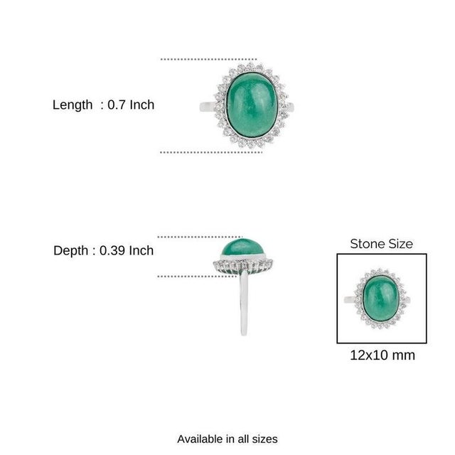 Emerald Vintage Inspired Oval Cabochon Emerald Ring With Diamond Halo in Silver - Size 7 For Sale - Image 8 of 12