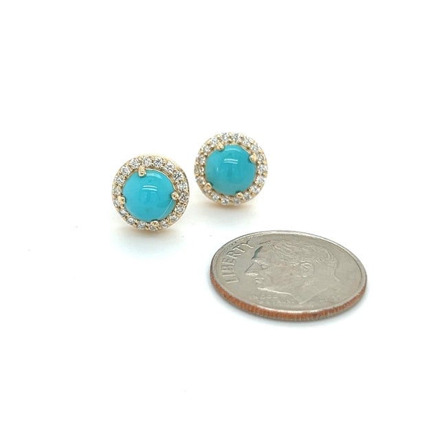 Traditional Natural Turquoise Diamond Stud Earrings 14k Yellow Gold 2.18 TCW Certified For Sale - Image 3 of 6