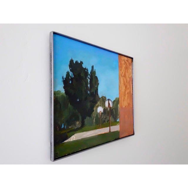 Contemporary Study for Dreaming by Emma Kalff | Oil on panel Landscape with basketball hoops and trees. For Sale - Image 3 of 5