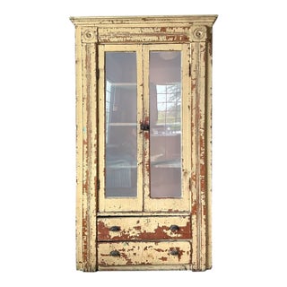 Vintage Distressed Wood and Glass Cabinet For Sale