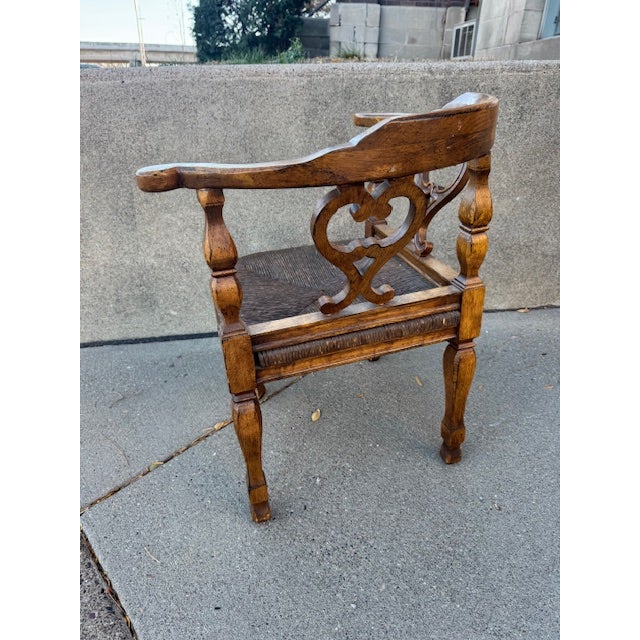 Vintage English Style Wood Corner Chair With Cane Seat. 1960s /70s Era. Pickled/distressed finish. Great design for an...