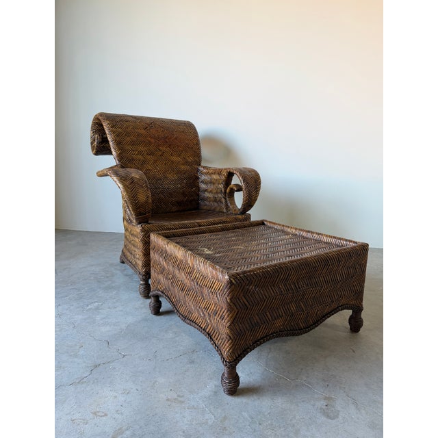 Coastal Vintage Coastal Organic Sculptural Tall Roll-Back Rattan Lounge Chair With Ottoman For Sale - Image 3 of 12