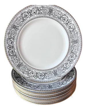 Set of 10 Royal Doulton "Baronet" 10 5/8" dinner plates // black and white scroll design // 1968-1983 // classic fine china // replacement