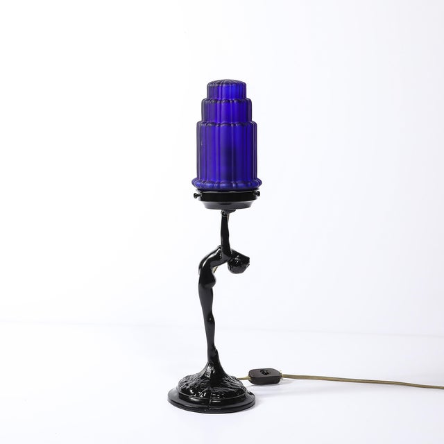 1930s Art Deco Cobalt Blue Glass & Black Enamel Nude Sculpture Table Lamp Signed Nuart For Sale - Image 5 of 16