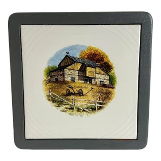 Vintage Mid 20th Century Framed Decorative Rustic Barn Scene Trivet Tile by Tile Crafters New Jersey For Sale