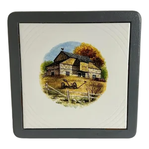 Vintage Mid 20th Century Framed Decorative Rustic Barn Scene Trivet Tile by Tile Crafters New Jersey