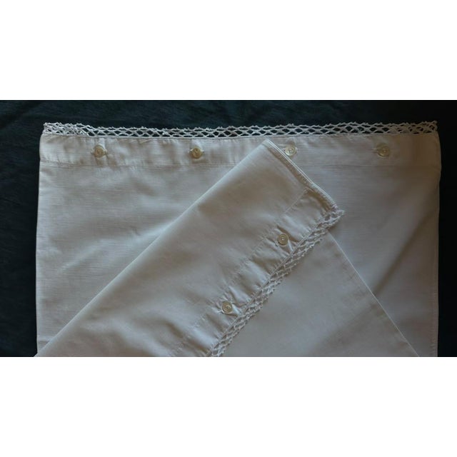Antique French Cotton Pillowcase With Hand Crochet Lace and Original Buttons Vintage French Trousseau Bedding For Sale - Image 4 of 15