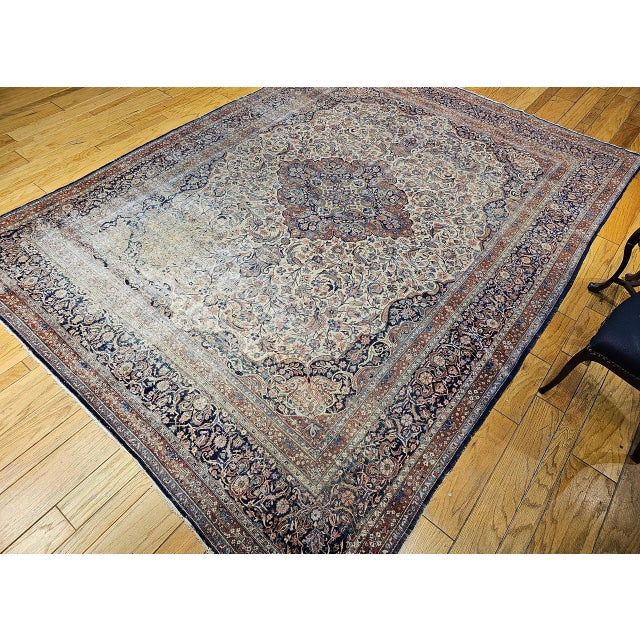 19th Century Persian Kashan Rug, Hand-Knotted Wool & Cotton, Floral Design, Ivory & Navy, 9x12 For Sale - Image 9 of 18