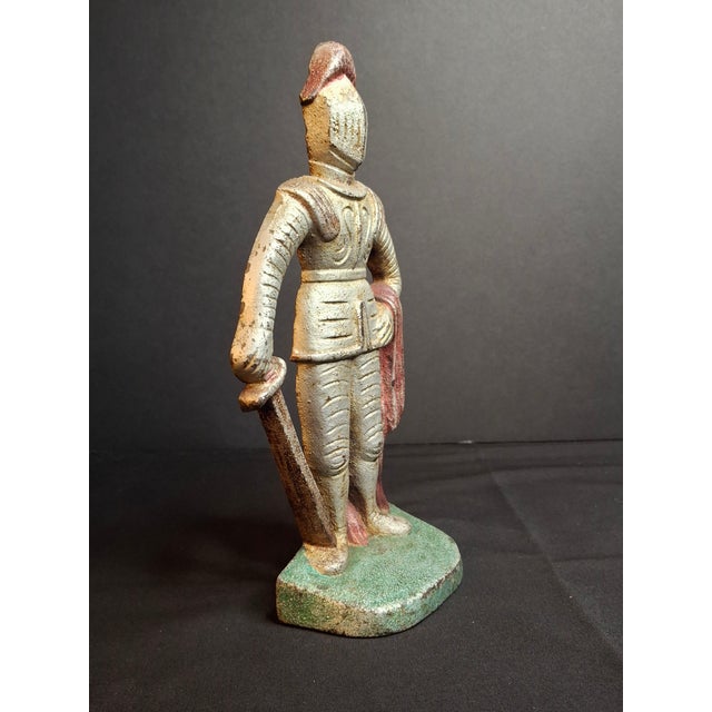 Antique Cast Iron Knight in Armor Doorstop Gold Red Paint 9" Figural Sentry For Sale - Image 9 of 14
