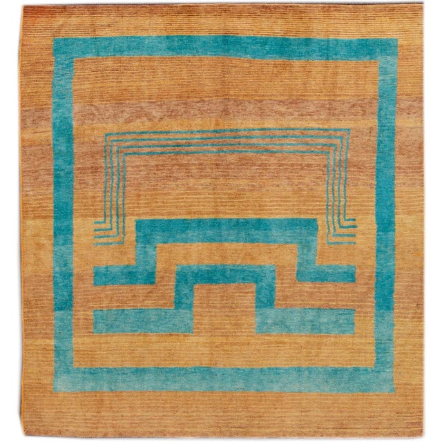 Modern Deco Style Handmade Geometric Goldenrod and Teal Wool Rug For Sale - Image 9 of 9