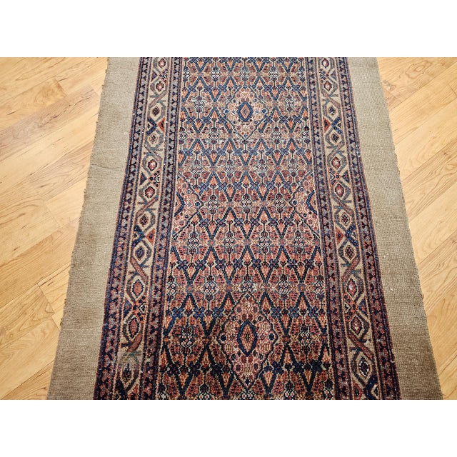Camel Antique Persian Serab Camel Hair Runner Rug, Hand-Knotted Wool, Allover Geometric Pattern, Red & Blue, 3x20 For Sale - Image 8 of 15