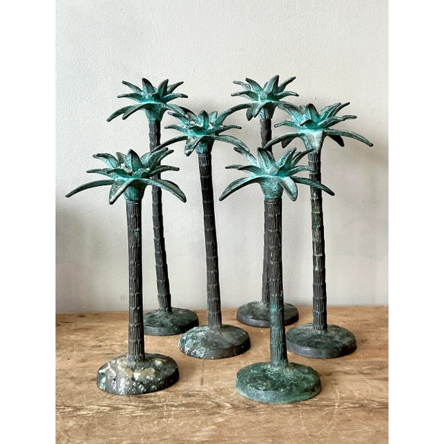 Hollywood Regency Vintage Coastal Patinated Cast Metal Palm Tree Candlesticks - Set of 6 For Sale - Image 3 of 5