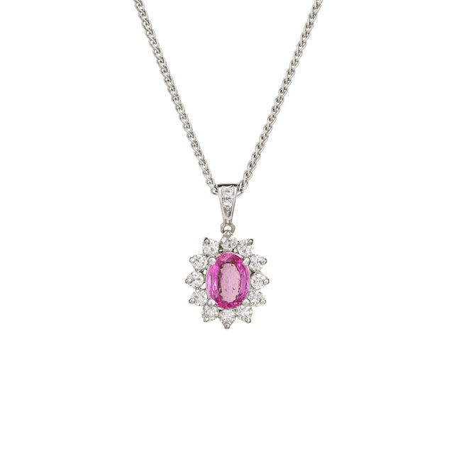 No Heat Natural Pink Sapphire Diamond Necklace 18k White Gold Vintage Jewellery size 0.47 For Sale - Image 4 of 4