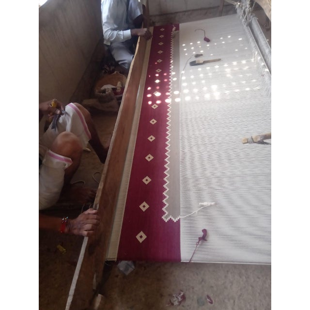 Handmade Cotton Vegetable Dyed Area Rug, Diamond Pattern Beige, Cream and Pink Dhurrie - 9'x12' For Sale - Image 11 of 12