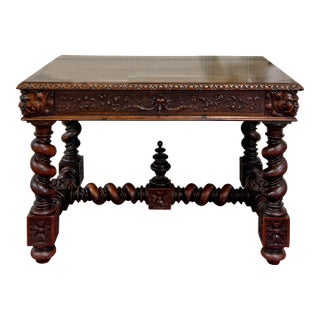 Antique French Henri II Style Writing Desk Barley Twist Carved Walnut 19th C For Sale