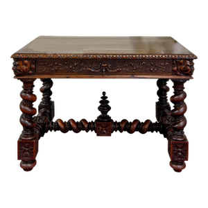 Antique French Henri II Style Writing Desk Barley Twist Carved Walnut 19th C