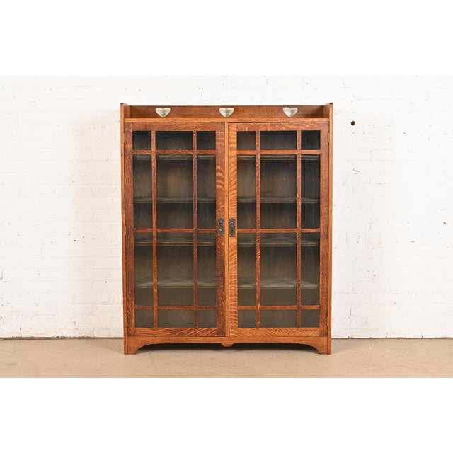 Stickley Brothers Style Antique Mission Oak Arts & Crafts Glass Front Double Bookcase Cabinet, Circa 1900 For Sale - Image 11 of 11
