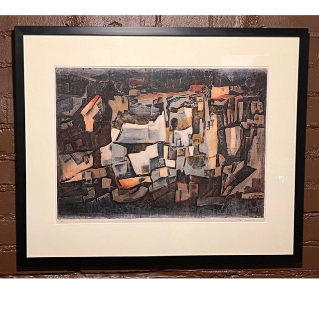 Original mid-century abstract intaglio etching with aquatint by listed artist Fiorini. Features a complex...