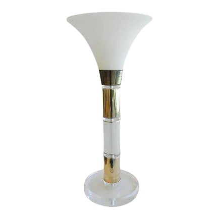 Vintage Lucite Brass Urn Table Lamp Frosted Glass Shade, 1960s For Sale