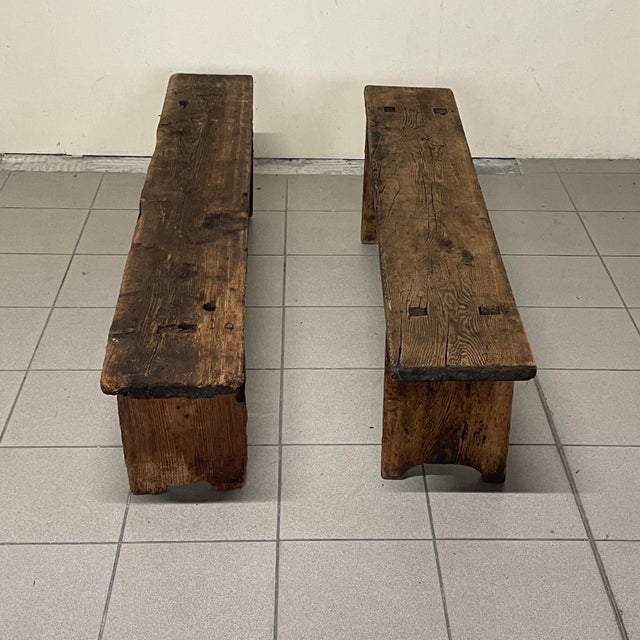 20th Century Folk Art Rustic Italian Wooden Benches, 1890s, Set of 2 For Sale - Image 10 of 18
