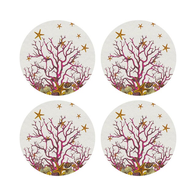 Coral Reef Vegan Leather Round Pebble Placemat, White Pink, Set of 4 For Sale - Image 4 of 5