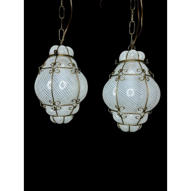 Pair of Caged Venetian Lantern in Murano Reticello Glass, 1940s For Sale - Image 12 of 12