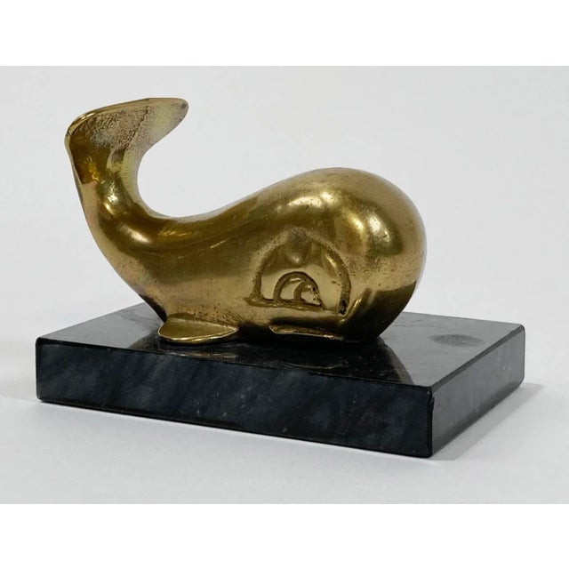 Mid-Century Modern Vintage Brass Whale Marble Base Paper Weight For Sale - Image 3 of 7