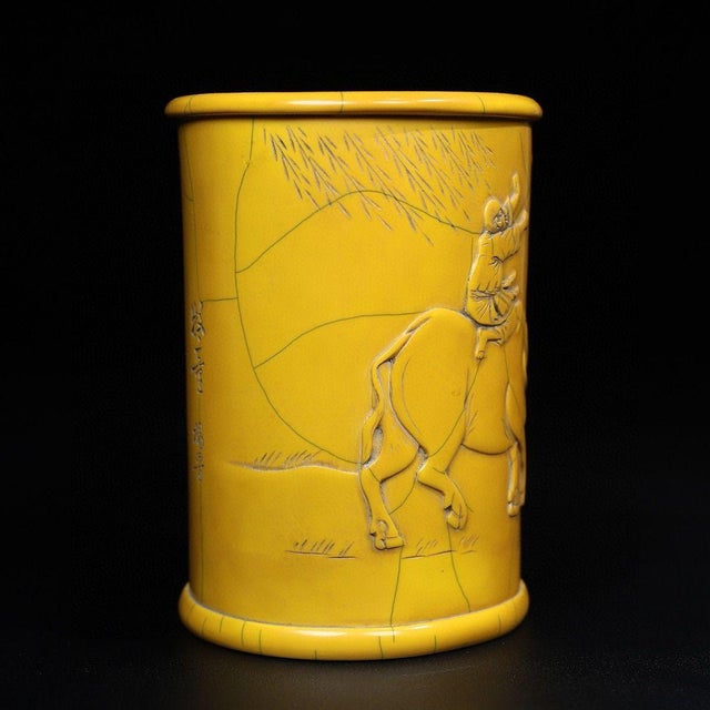 Vintage Chinese Faux Ivory "Boy on Buffalo" Carved Brush Pot - 530g For Sale - Image 9 of 10