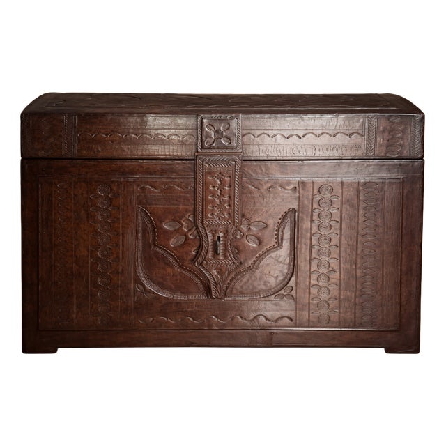 Tuareg Leather and Wood Trunk For Sale