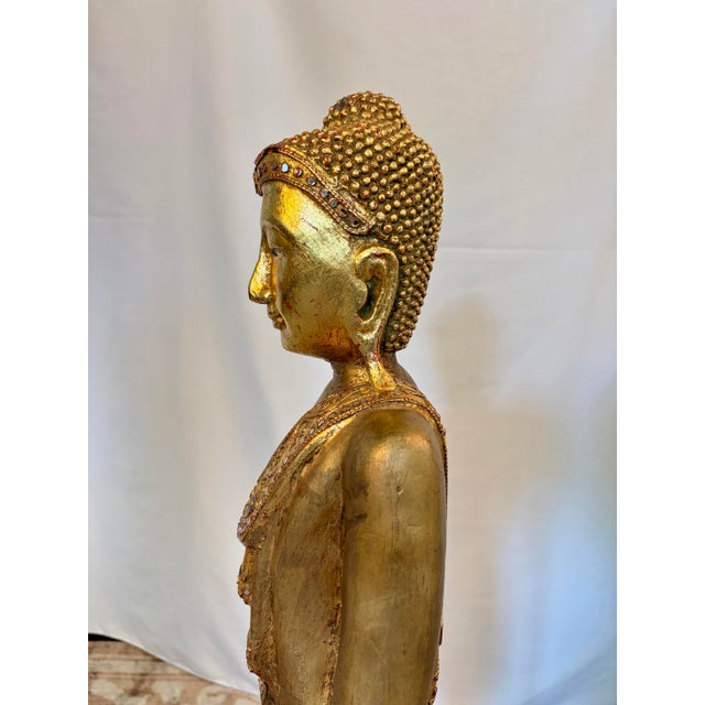 Wood Early 20th Century Burmese Mandalay Standing Gilt Wood Buddha Sculpture For Sale - Image 7 of 11