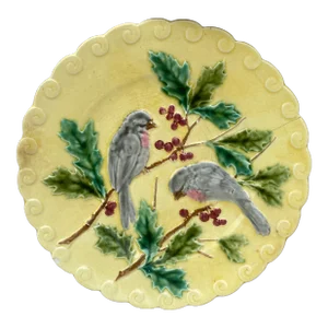French Majolica Bird & Holly Plate Sarreguemines, Circa 1880