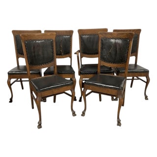 Early 1900’s Stomps-Burkhardt Co, American Edwardian-Era /Tiger Oak / Leather Upholstery Dinning Chair Set of 6 For Sale
