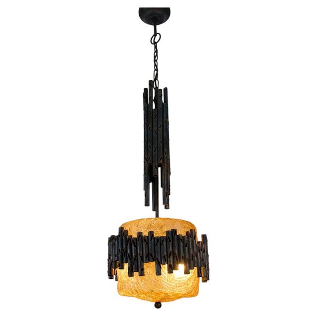Brutalist Metal and Textured Amber Glass Pendant Lamp, Germany, 1970s For Sale - Image 12 of 12