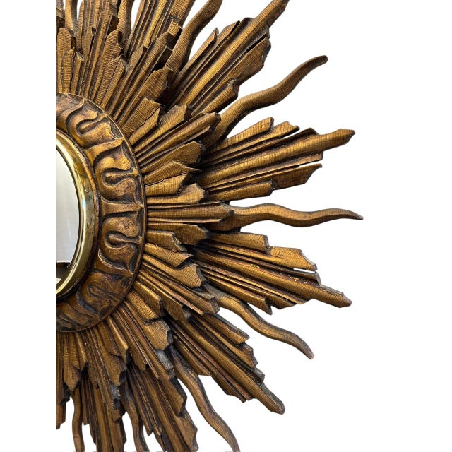 Convex Carved Polychrome Painted Wooden Sunburst Mirror with Double Layer Rays, 1930s For Sale - Image 4 of 16