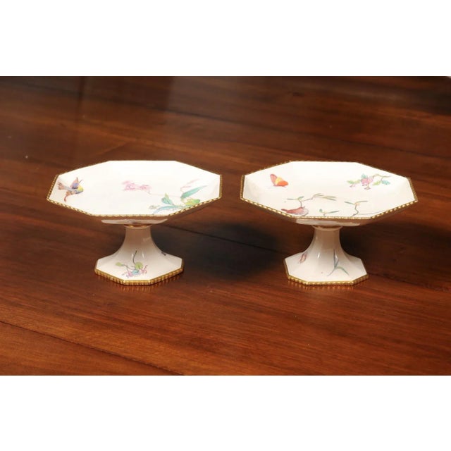 Mid 19th Century French 19th Century Porcelain Painted Birds & Flowers Compotes- a Pair For Sale - Image 5 of 12
