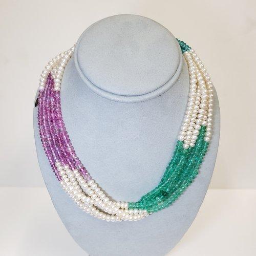 Single strand pearls. Emerald beads, Pink ruby beads, and faceted apatite beads. Designed by Christopher Walling. Can be...